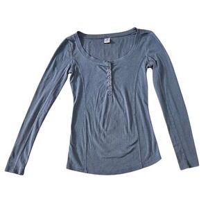 Peruvian Connection Pima Cotton Henley Long Sleeve Scoop Neck Top Small Gray
